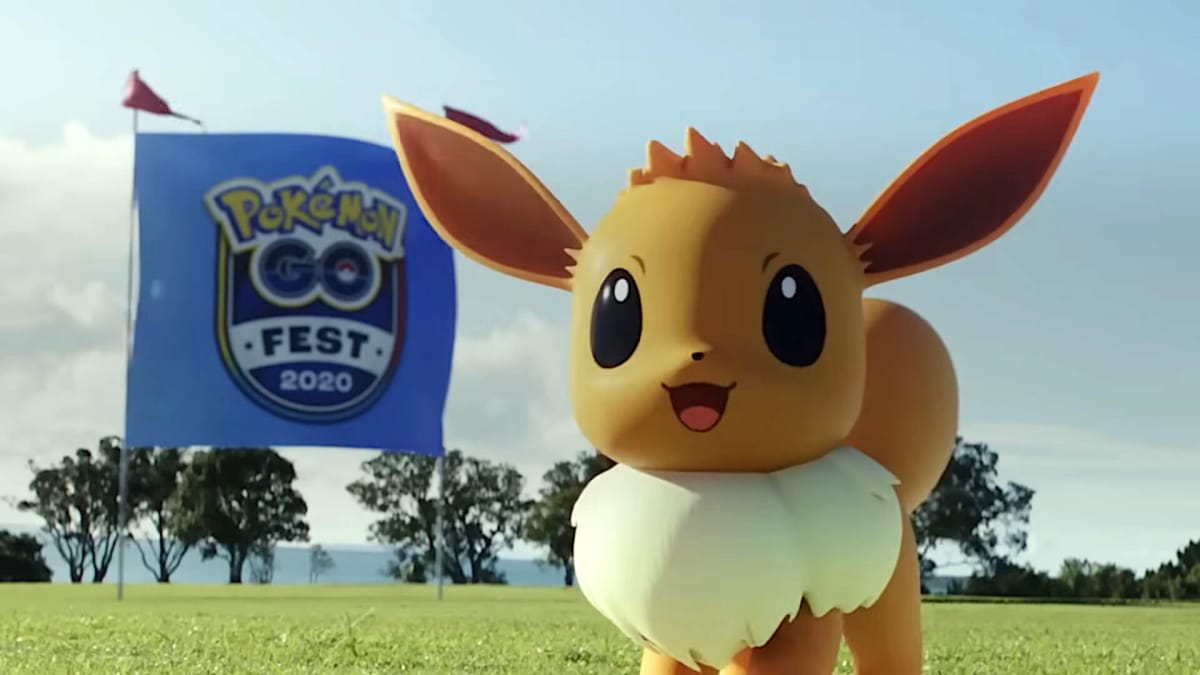 An Eevee standing in front of a flag for Pokemon Go Fest 2020