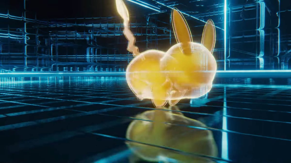 A wireframe Pikachu running through a wireframe Lumiose City in the Pokemon Legends Z-A trailer