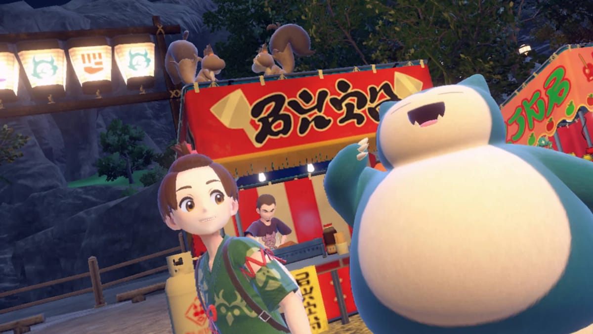 The player looking back smilingly at Snorlax as it yawns in the Pokemon Scarlet and Violet DLC The Hidden Treasure of Area Zero, which we may see in the upcoming Pokemon Presents