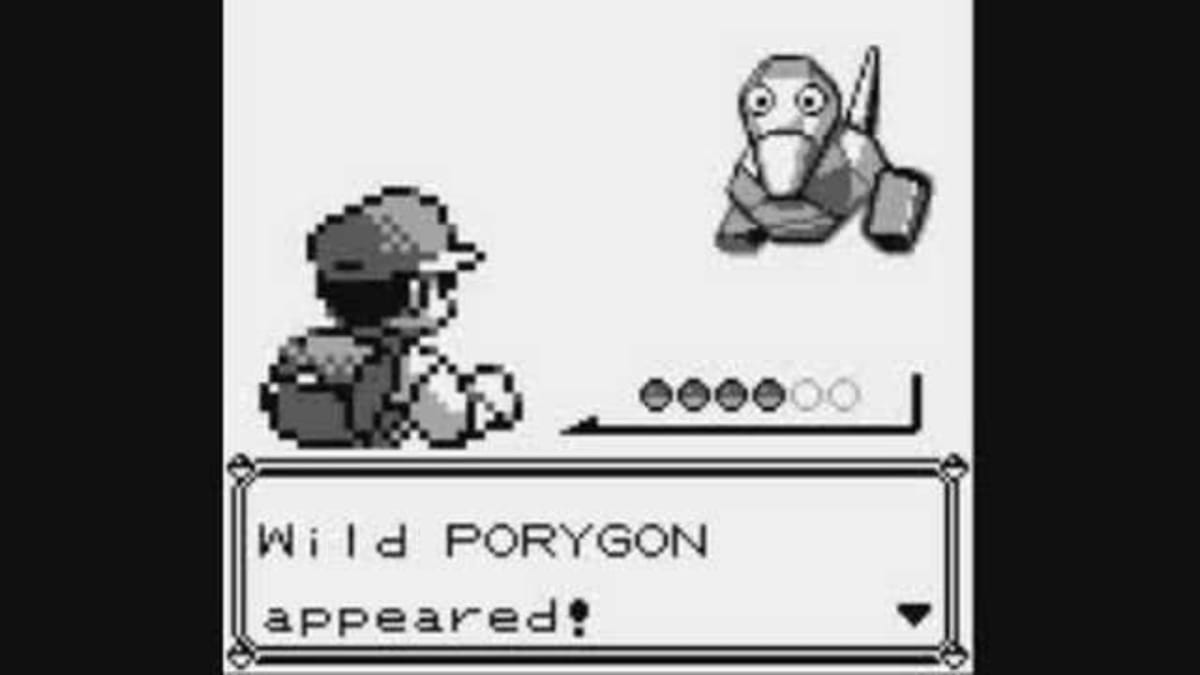 Pokemon Red Blue Screenshot showing a Pokemon trainer facing off against a porygon which is a small blocky duck-like creature
