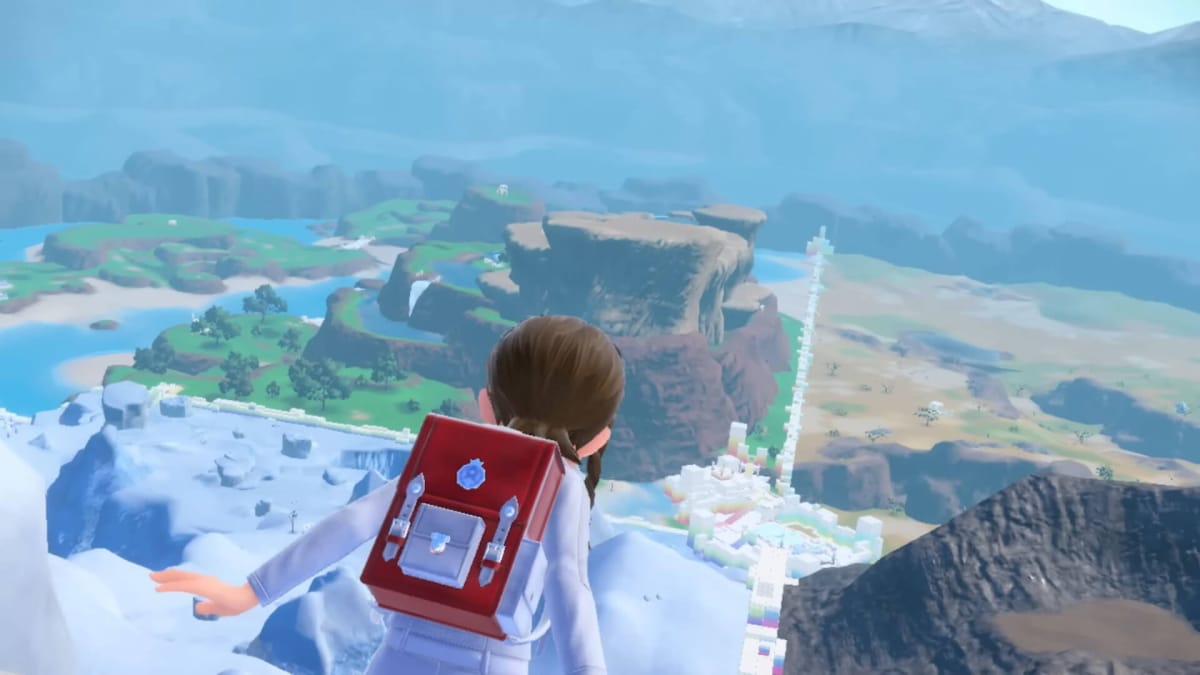 The player looking out at Blueberry Academy's varied biomes in the Pokemon Scarlet and Violet DLC The Indigo Disk
