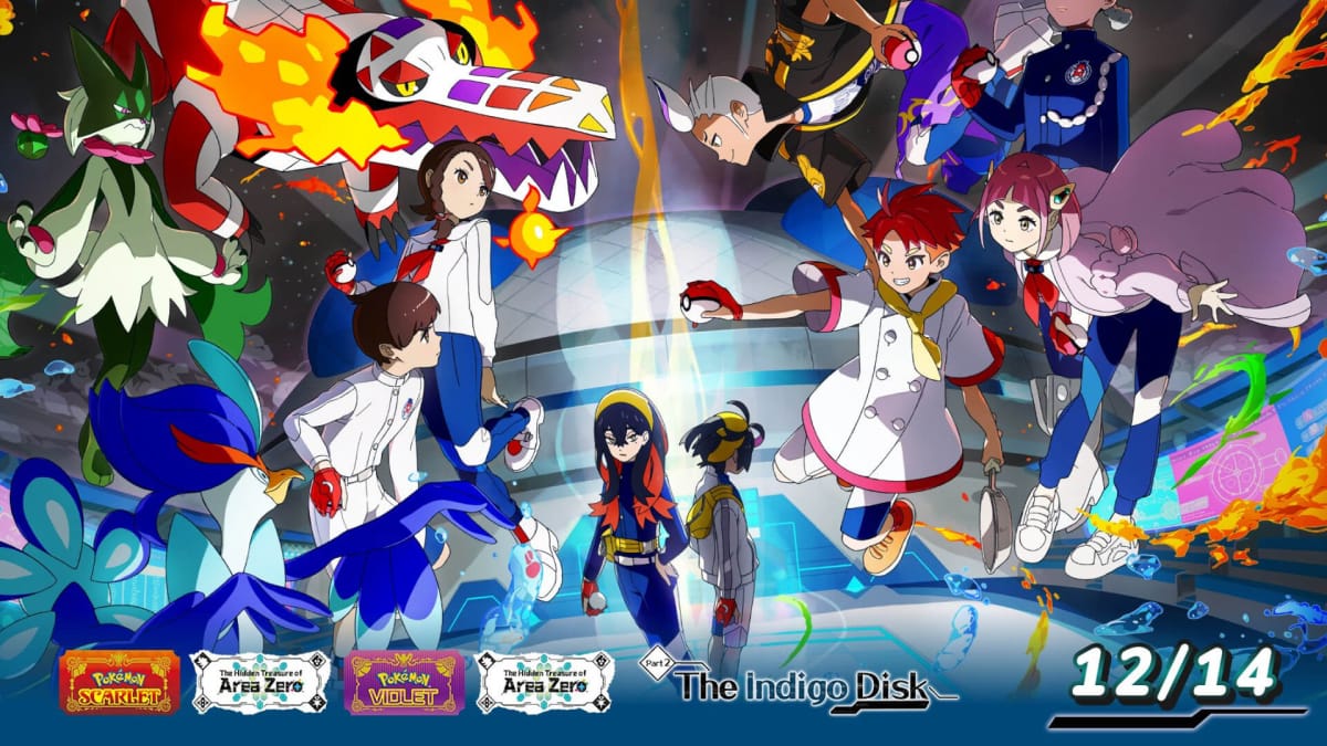 Artwork for the Pokemon Scarlet and Violet DLC The Indigo Disk, which shows lots of the expansion's characters and Pokemon against a backdrop of Blueberry Academy