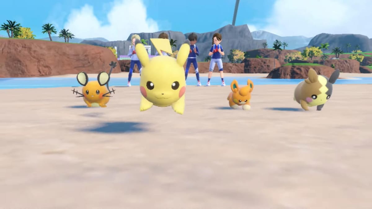 Pikachu, Dedenne, Pawmo, and Morpeko dashing forward while their trainers look enthused in the Pokemon Scarlet and Violet DLC The Indigo Disk