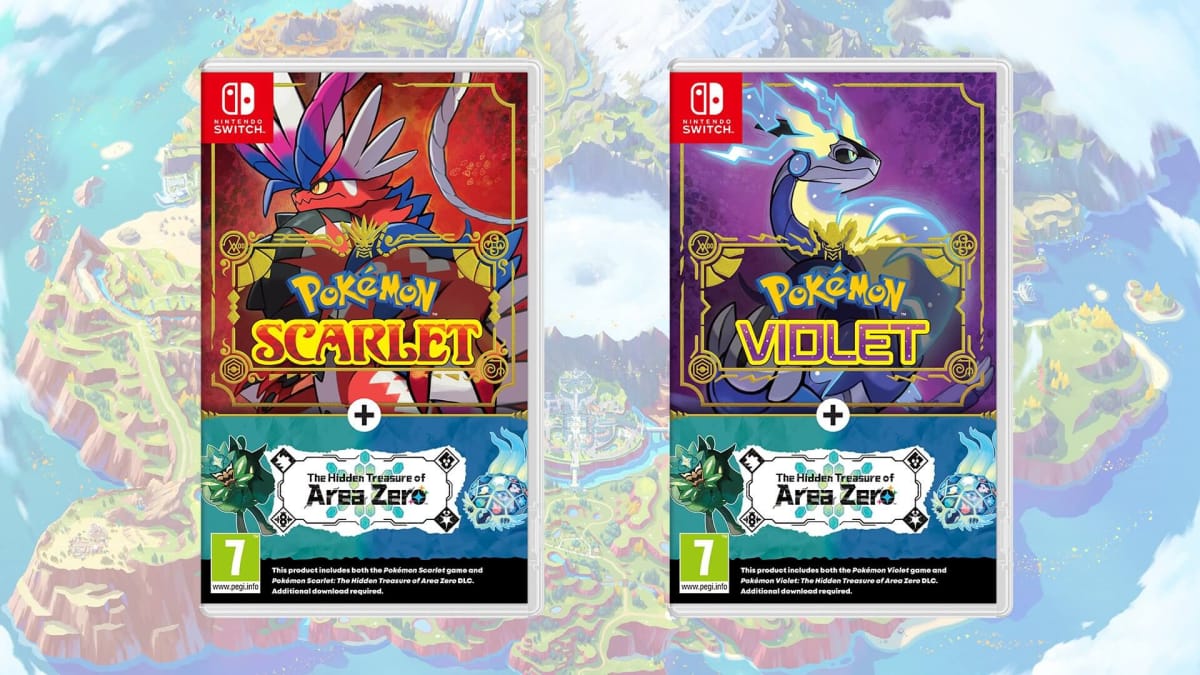 Two boxes depicting the new Pokemon Scarlet and Violet physical bundles, which also include the Area Zero DLC