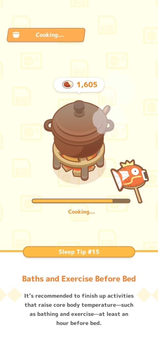 A cooking pot with a progress bar, featuring a sleeping tip below that in text.
