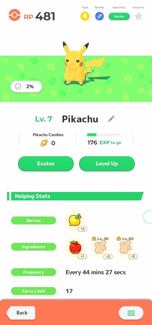 A stats screen for a Pikachu in Pokemon Sleep.