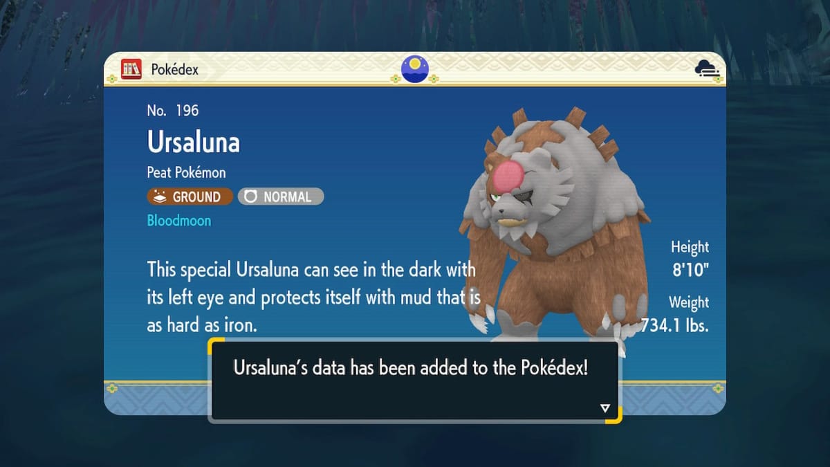 The Pokedex entry for Ursaluna Bloodmoon Beast in Pokemon Scarlet and Violet DLC The Teal Mask