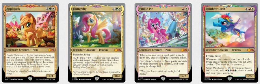 Images of all four cards, Applejack, Fluttershy, Pinkie Pie, and Rainbow Dash, from the Ponies The Galloping 2 Secret Lair
