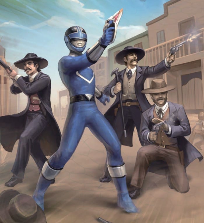 Artwork from Power Rangers: A Jump Through Time, showing a blue ranger in a Wild West town in a gunfight alongside cowboys