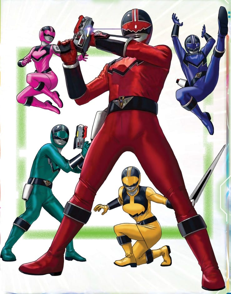Artwork of several Quantum Rangers, all with different colors from Power Rangers: A Jump Through Time.