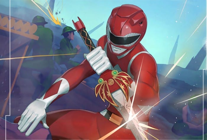 Artwork from Power Rangers: A Jump Through Time, showing a red ranger in a WW1 trench, blocking gunfire with a sword