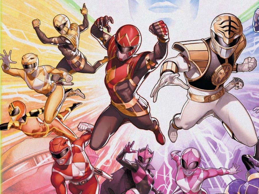 A group of Power Rangers, the Mighty Morphin, Omega, and Solar Rangers, in a group pose.