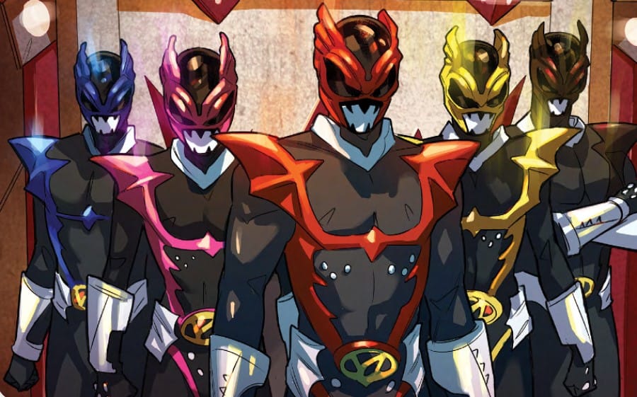 Artwork of five Psycho Rangers seen left to right: Blue, Pink, Red, Yellow, Black