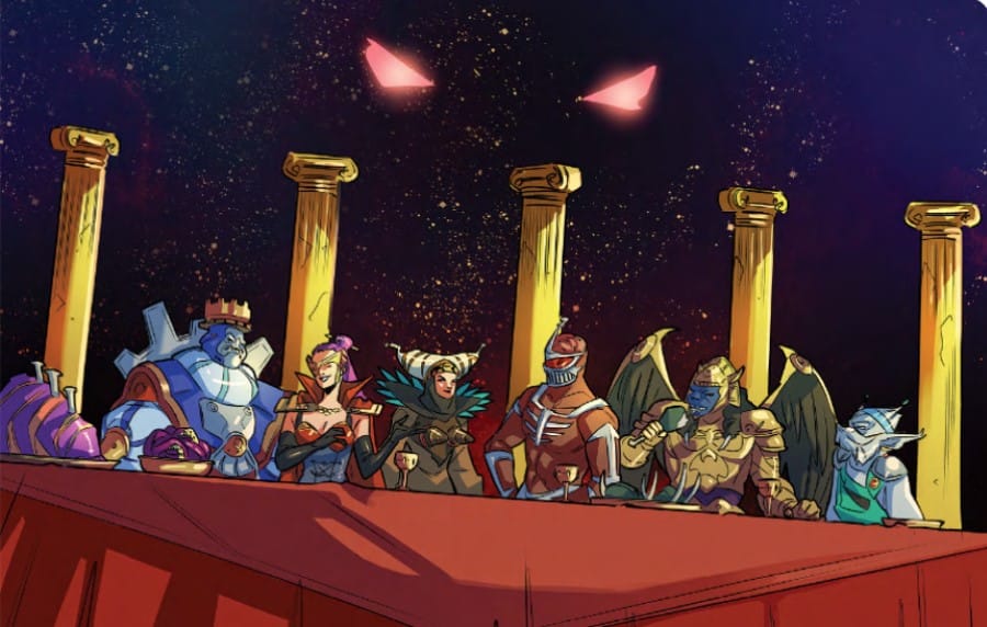 Artwork of several Power Rangers villains including King Mondo, Rita, Zedd, Divatox, Goldar, and Finster at a banquet table.