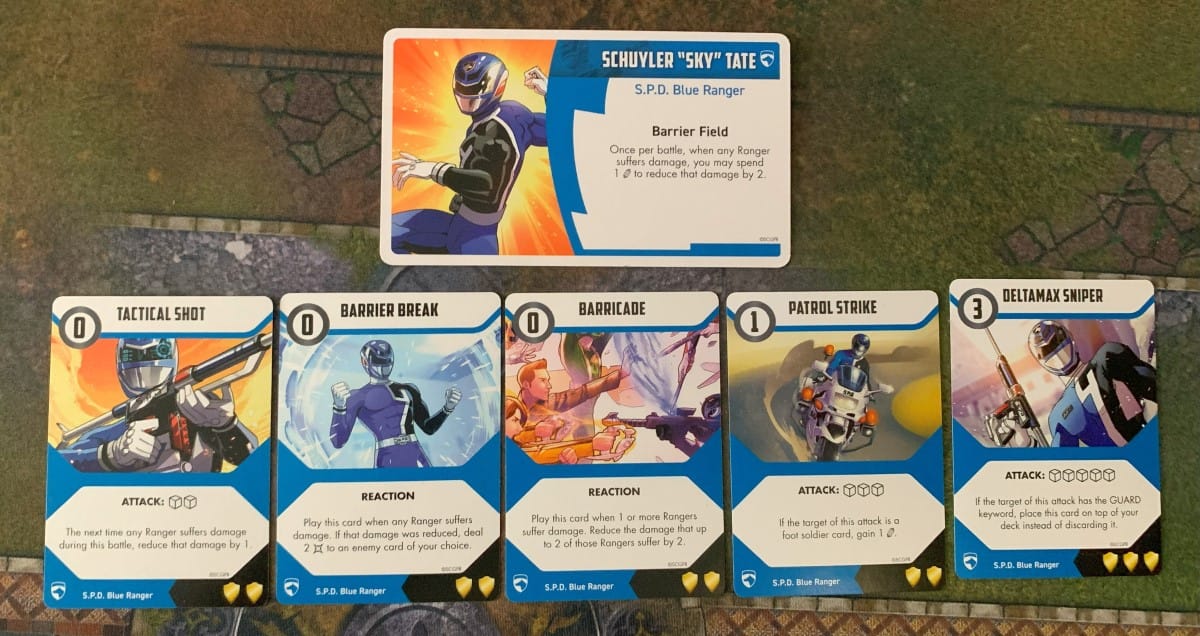 A layout of the Blue Ranger's Character Card and combat cards from the Power Rangers SPD Ranger Pack