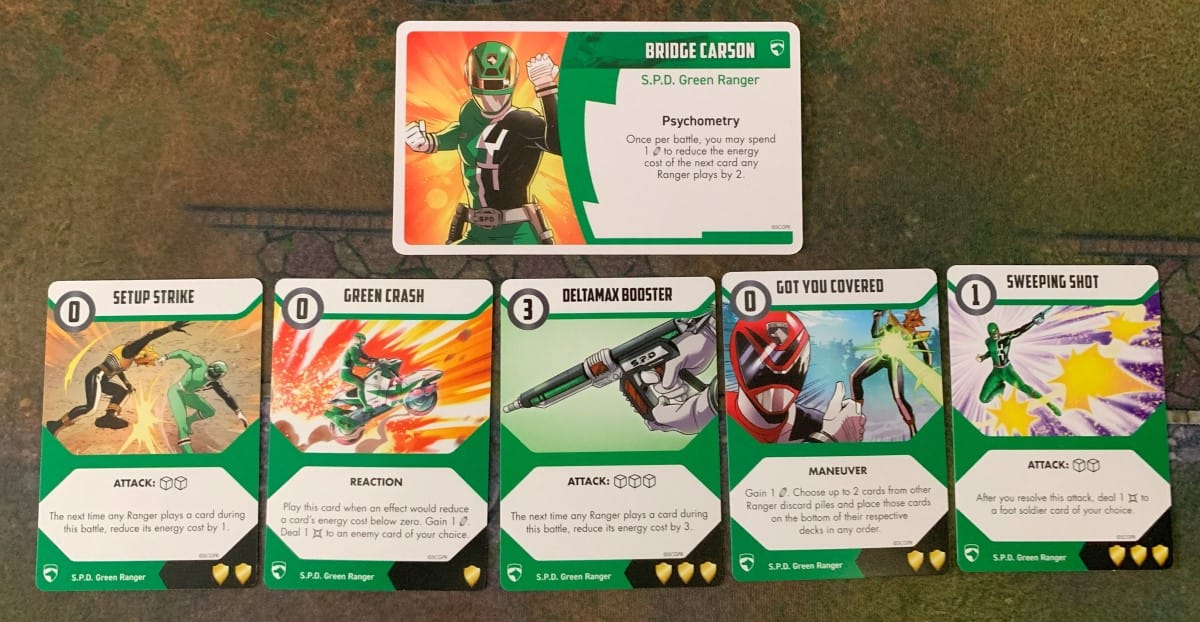 The layout of the Green Ranger's Character Card and Combat Cards from the Power Rangers SPD Ranger Pack