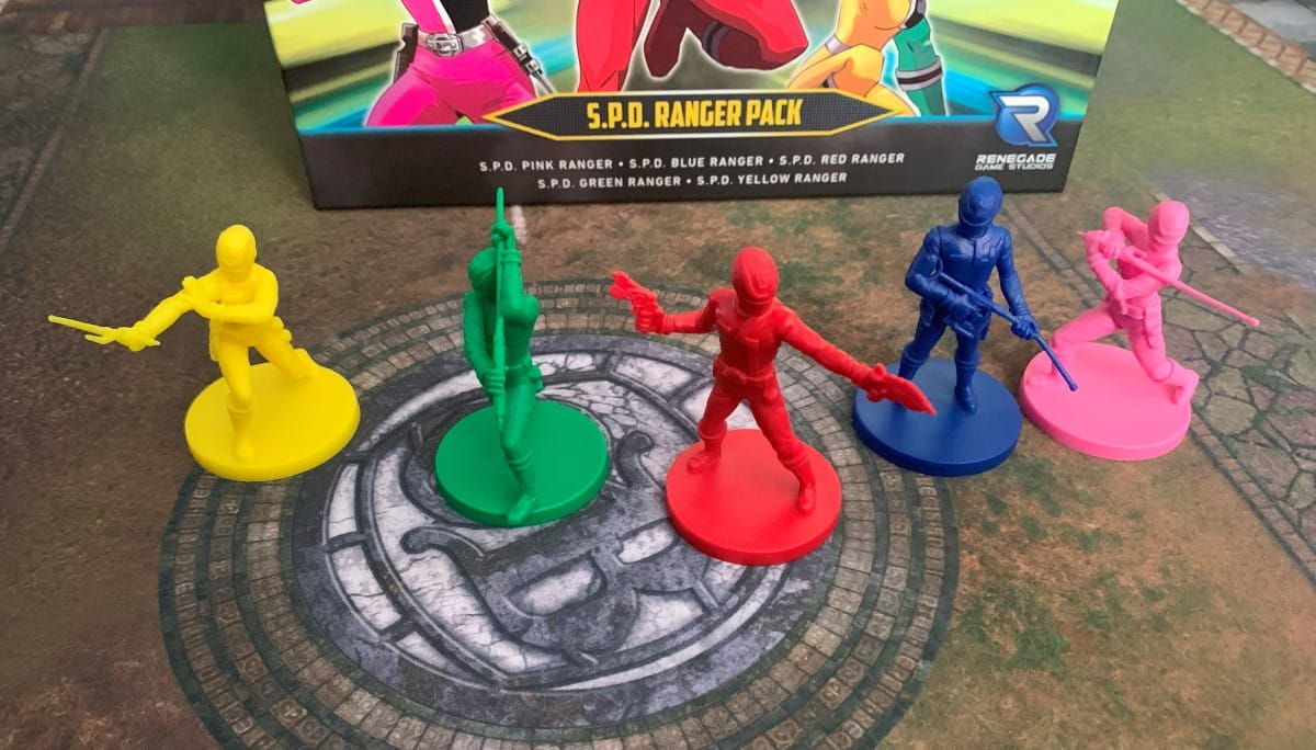 A screenshot of miniatures from the Power Rangers SPD Ranger Pack. Featured left to right is Yellow, Green, Red, Blue, and Pink.