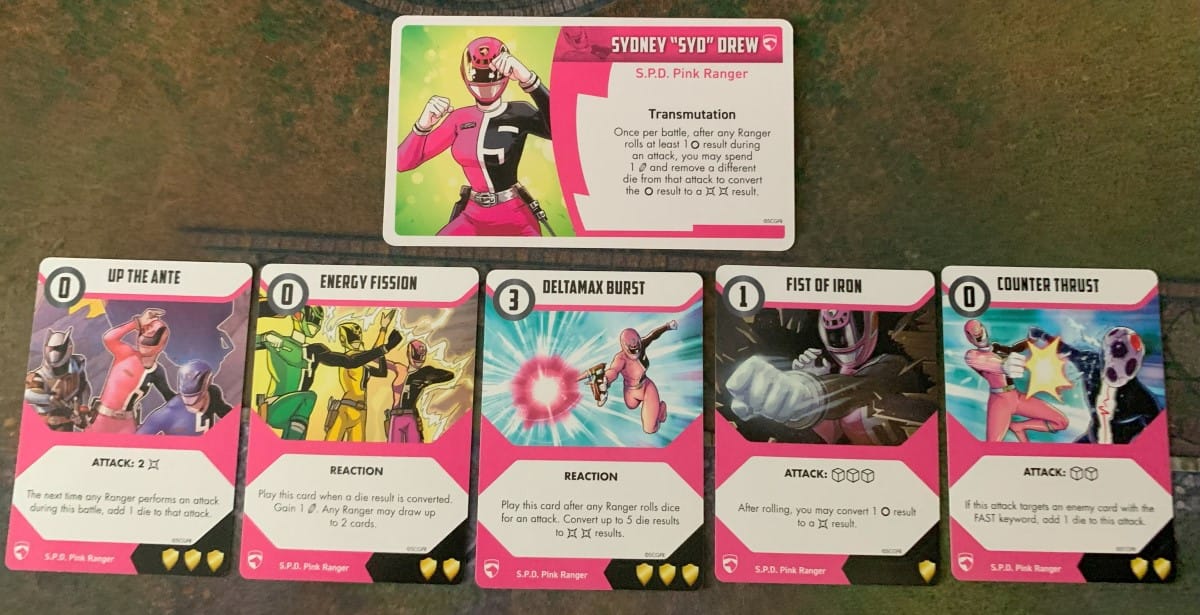 The layout of the Pink Ranger's Character Card and combat cards from the Power Rangers SPD Ranger Pack