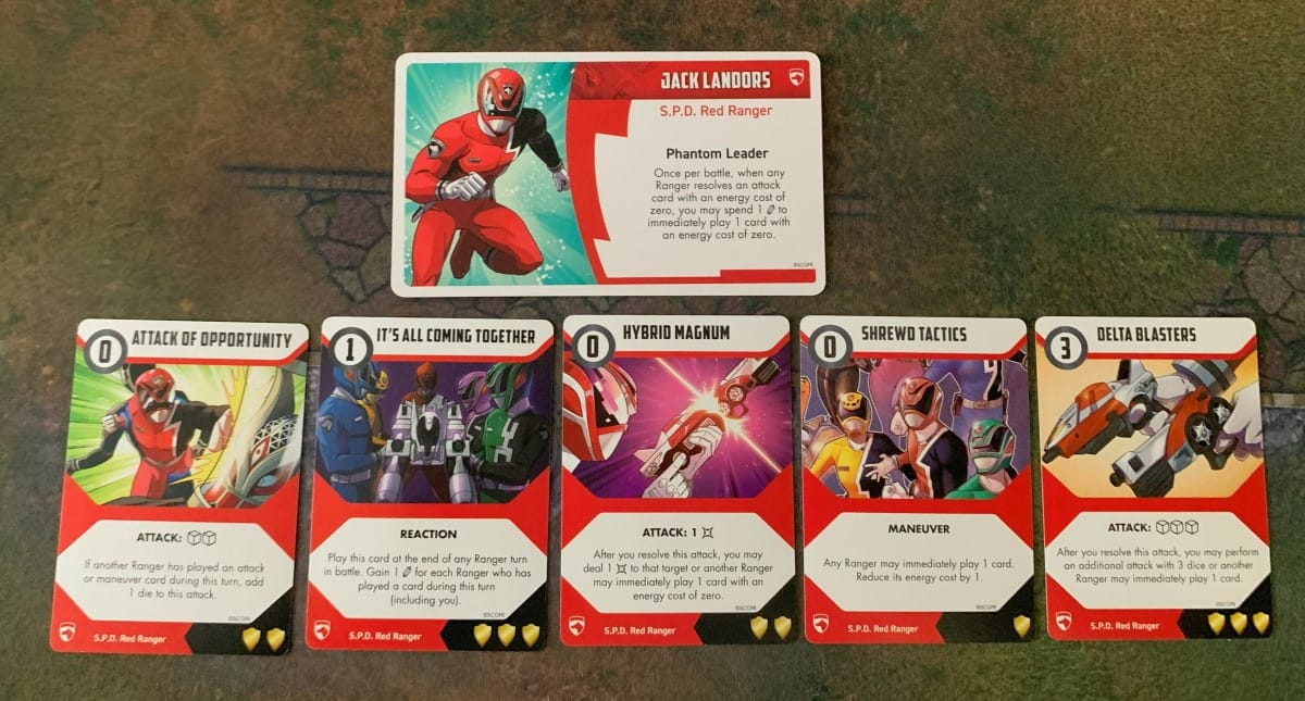 A screenshot of the Red Ranger's Character Card and combat cards from the Power Rangers SPD Ranger Pack