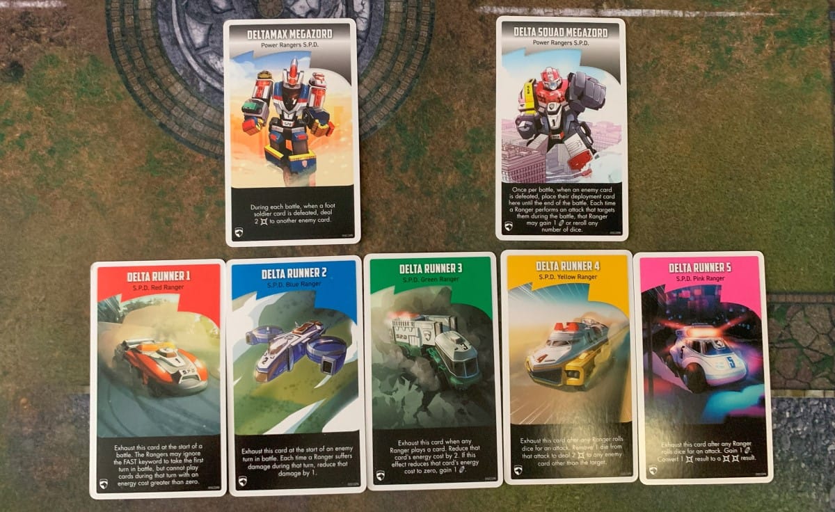 The Zord and Megazord cards from the Power Rangers SPD Ranger Pack on a gaming mat