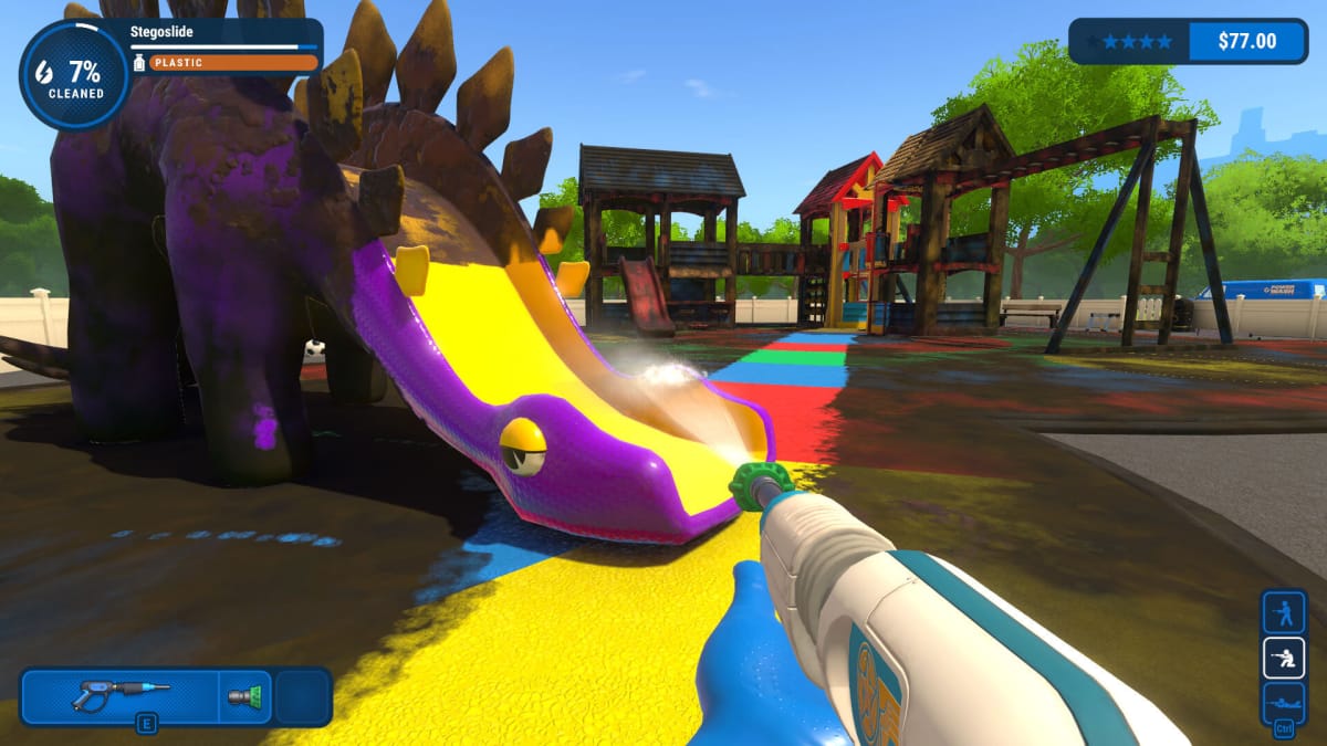The player hosing down a playground in PowerWash Simulator, developed by FuturLab (which is now owned by Miniclip)
