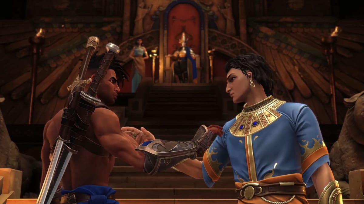 Sargon and his friend clasping arms at the foot of some steps in Prince of Persia: The Lost Crown