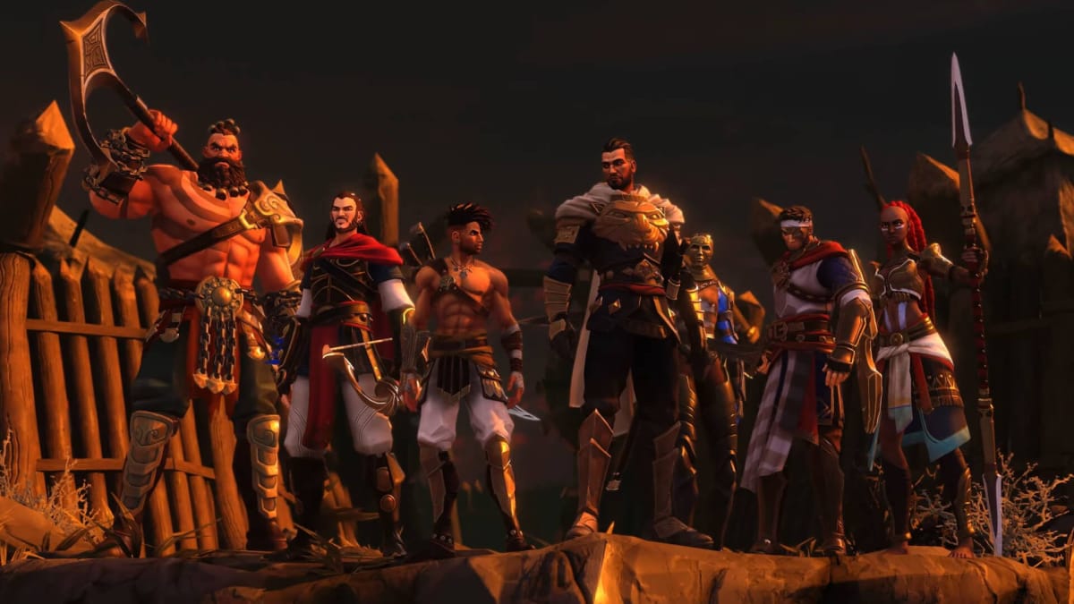 A line of characters standing on a cliff in Prince of Persia: The Lost Crown