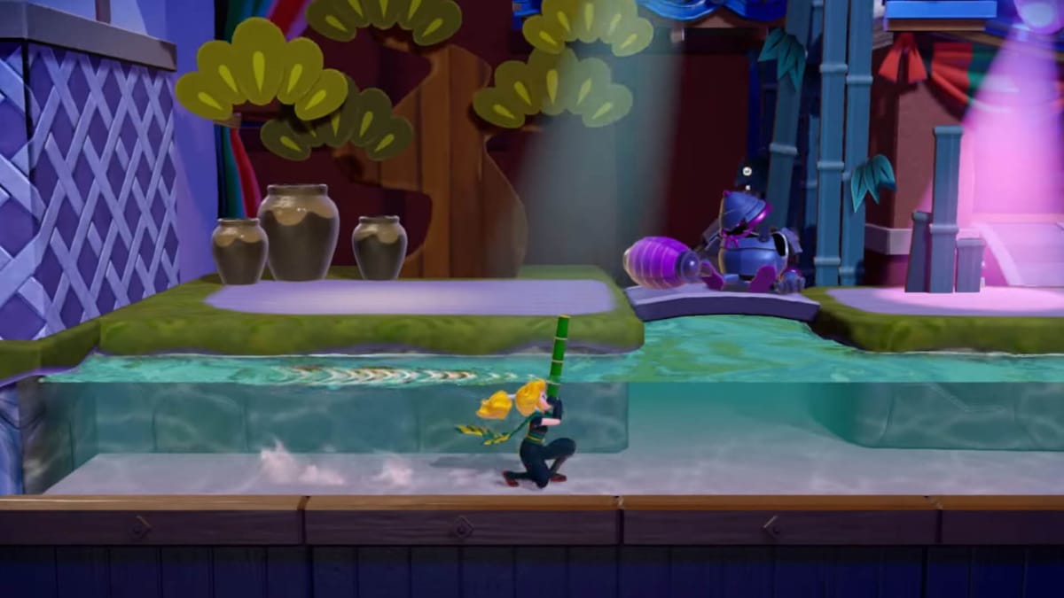 Peach dressed as a ninja and moving under the water with a reed pipe for breathing in Princess Peach: Showtime!