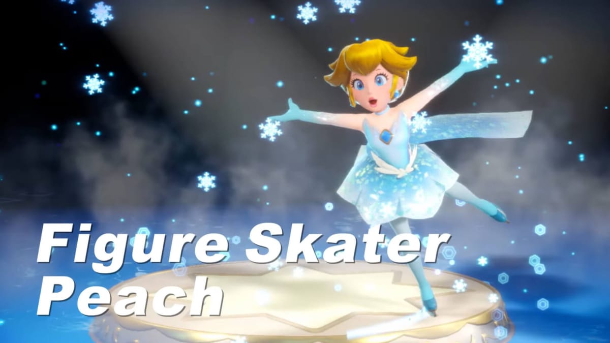Princess Peach dressed in a figure skater outfit with the text "Figure Skater Peach" displayed below her