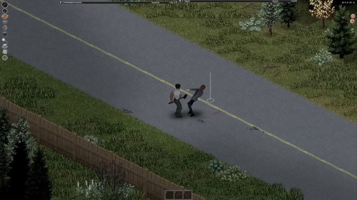 The player hitting a zombie enemy with a sledgehammer in Project Zomboid