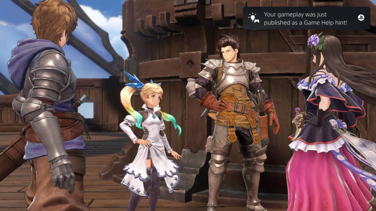 Characters in Granblue Fantasy: Relink standing around while a PS5 notification shows that a Game Help video has been uploaded