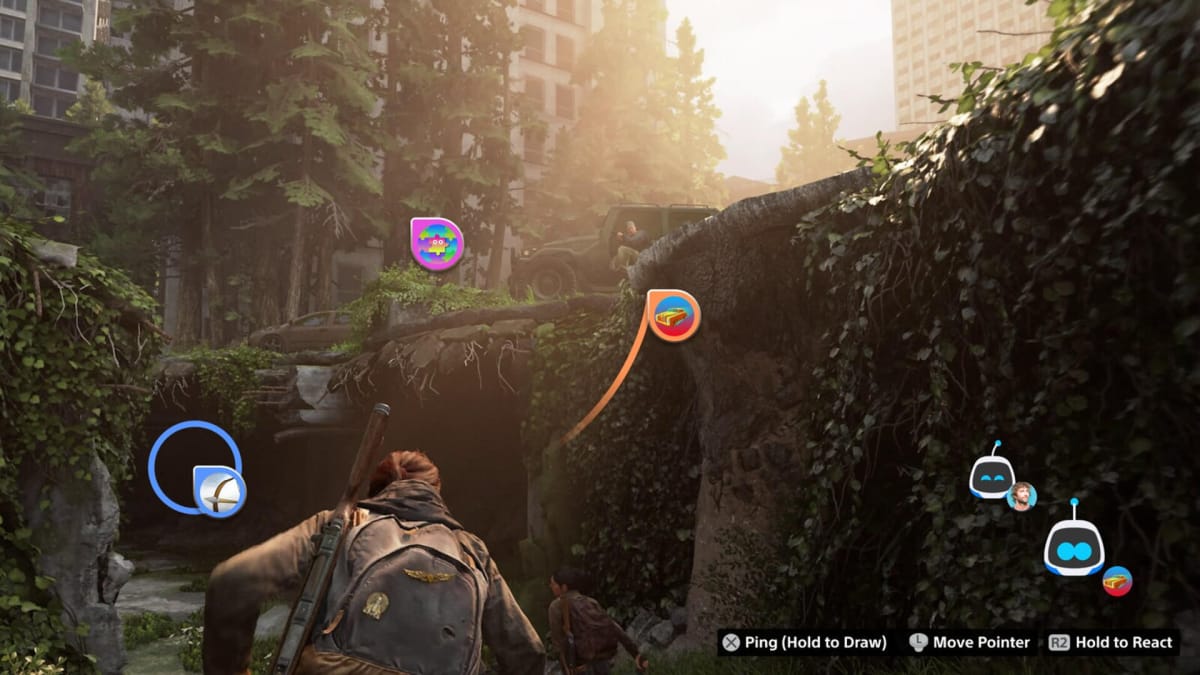 Gameplay of The Last of Us with the PS5 system software beta's new emoji reactions and pointers overlaid onto it