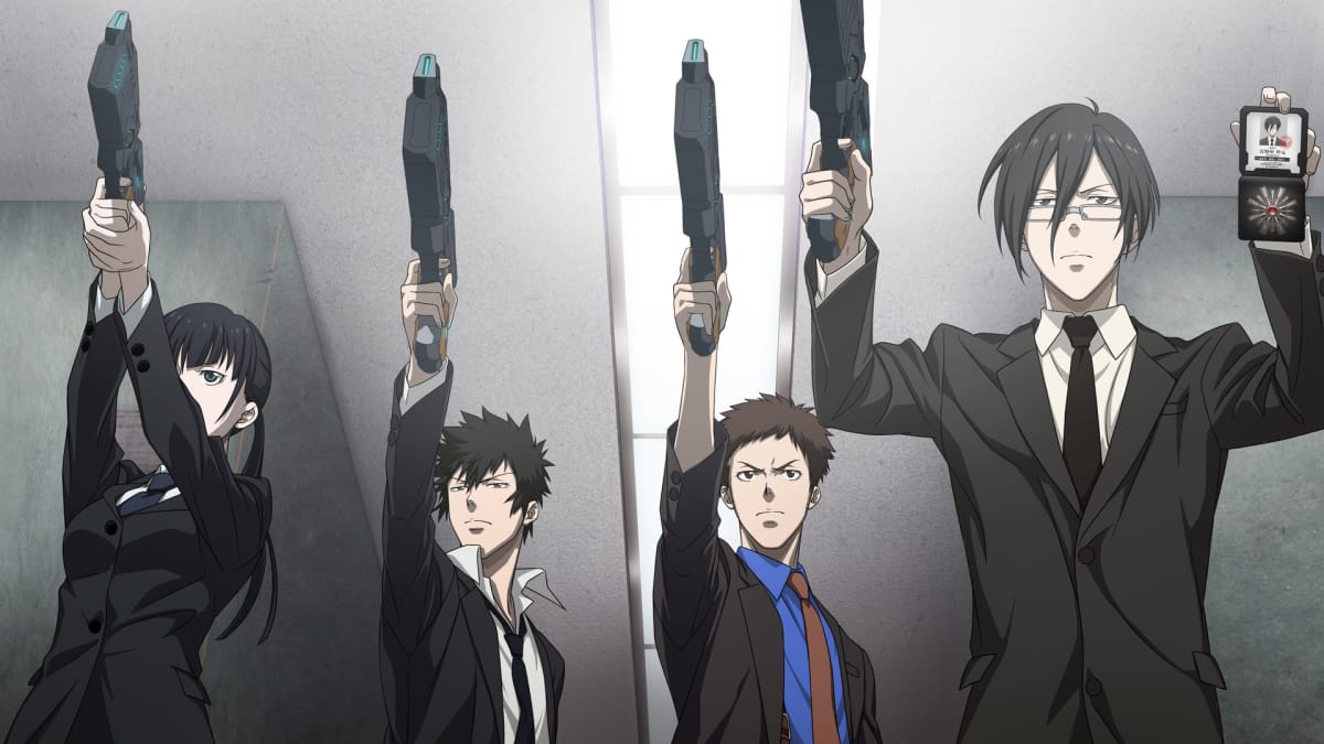 Psycho-Pass mandatory Happiness Characters Aiming a Gun in anime cutscene