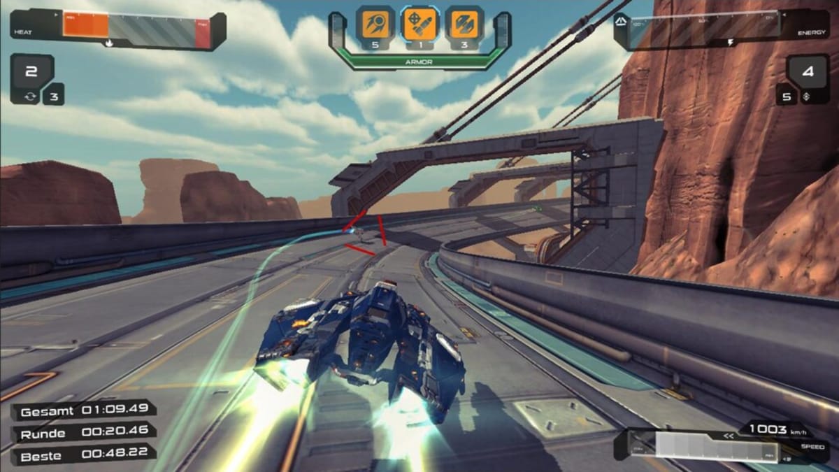 Quantum Rush Champions Screenshot showing several floating cars on a futuristic race track in a similar style to Wipeout. 