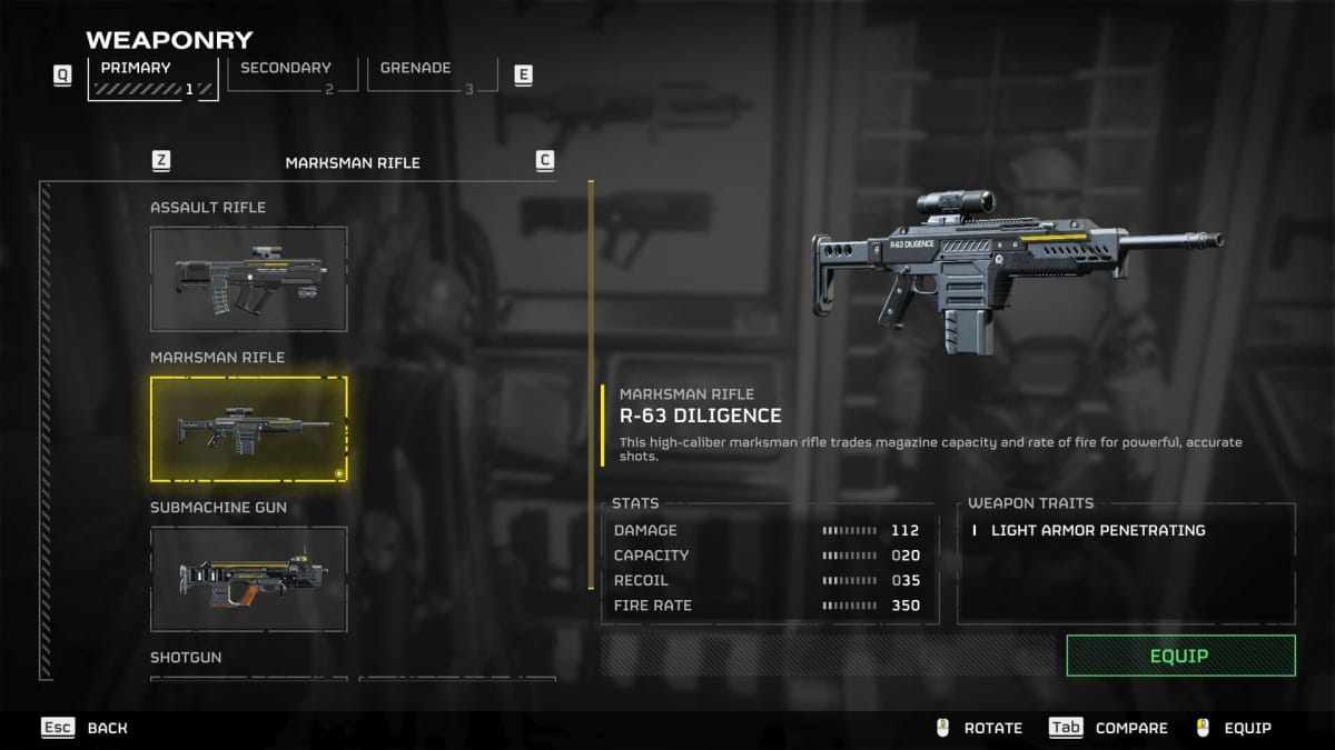 Image of the R-63 Diligence in Helldivers 2, an unlockable Marksman Rifle