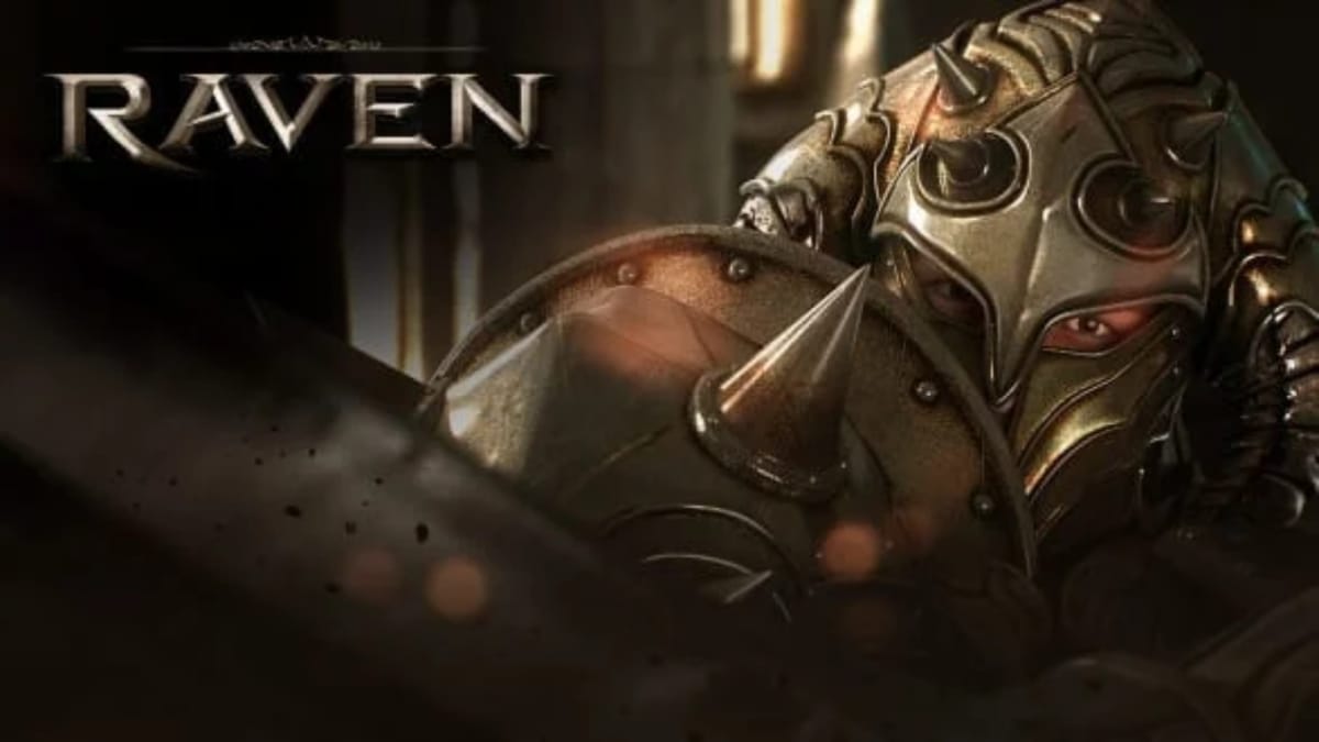 Raven Mobile Game Key Art showing a soldier wearing full armour and holding a shield towards the screen. 