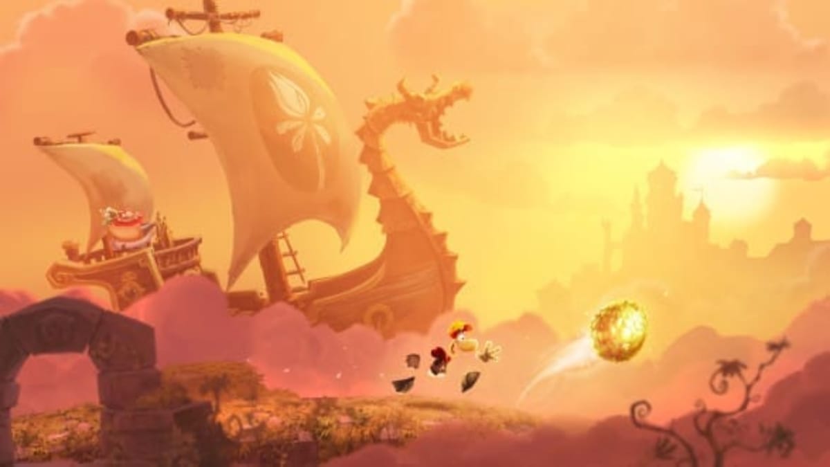 Rayman Adventure Screenshot showing rayman running in the centre of the screen along a brown-stone surface. In the background you can see a viking ship with a cliche opera singer viking driving through the clouds
