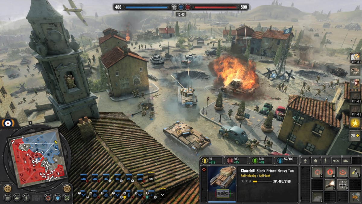 A gameplay screenshot of tanks storming through an urban environment in the Relic Entertainment game Company of Heroes 3