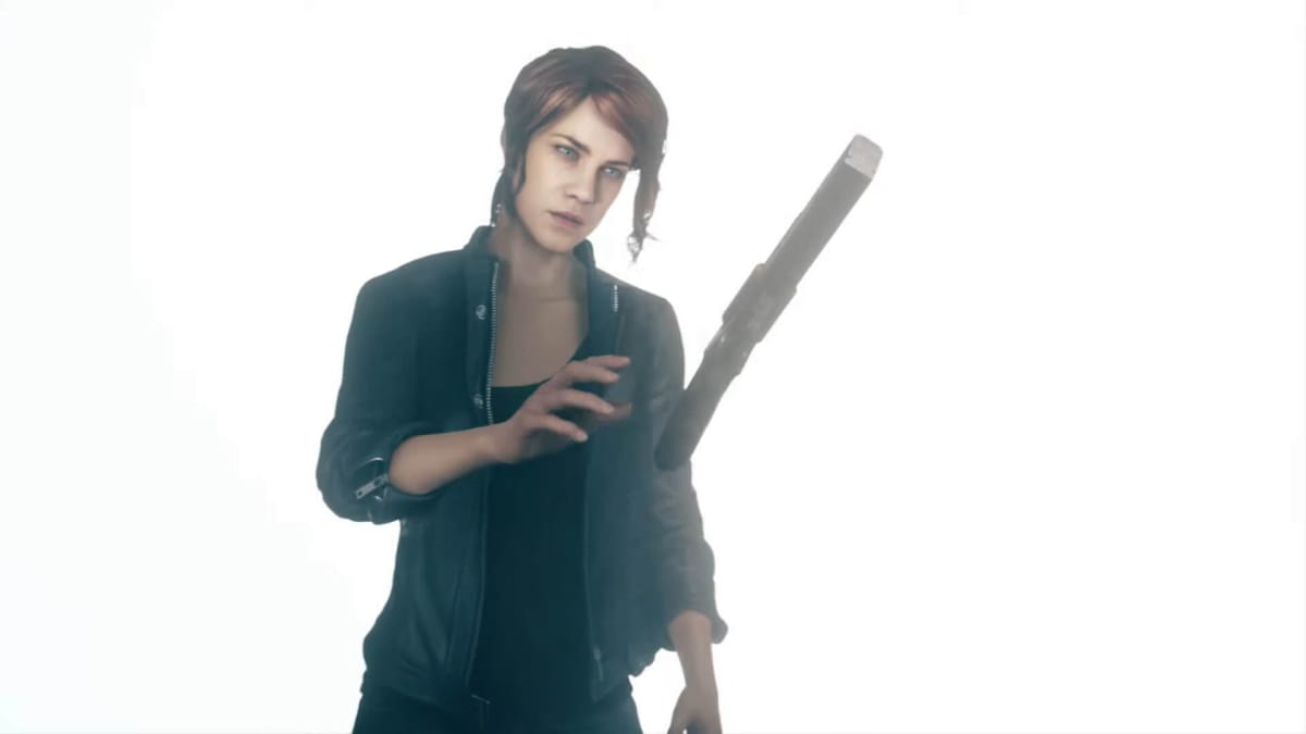 Jesse reaching for the service weapon in Control, a Remedy game