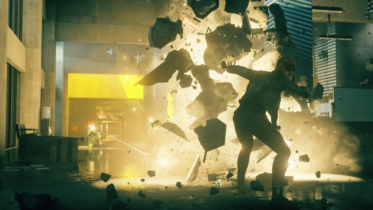 Jesse using chunks of concrete as a shield against enemy fire in the Remedy game Control