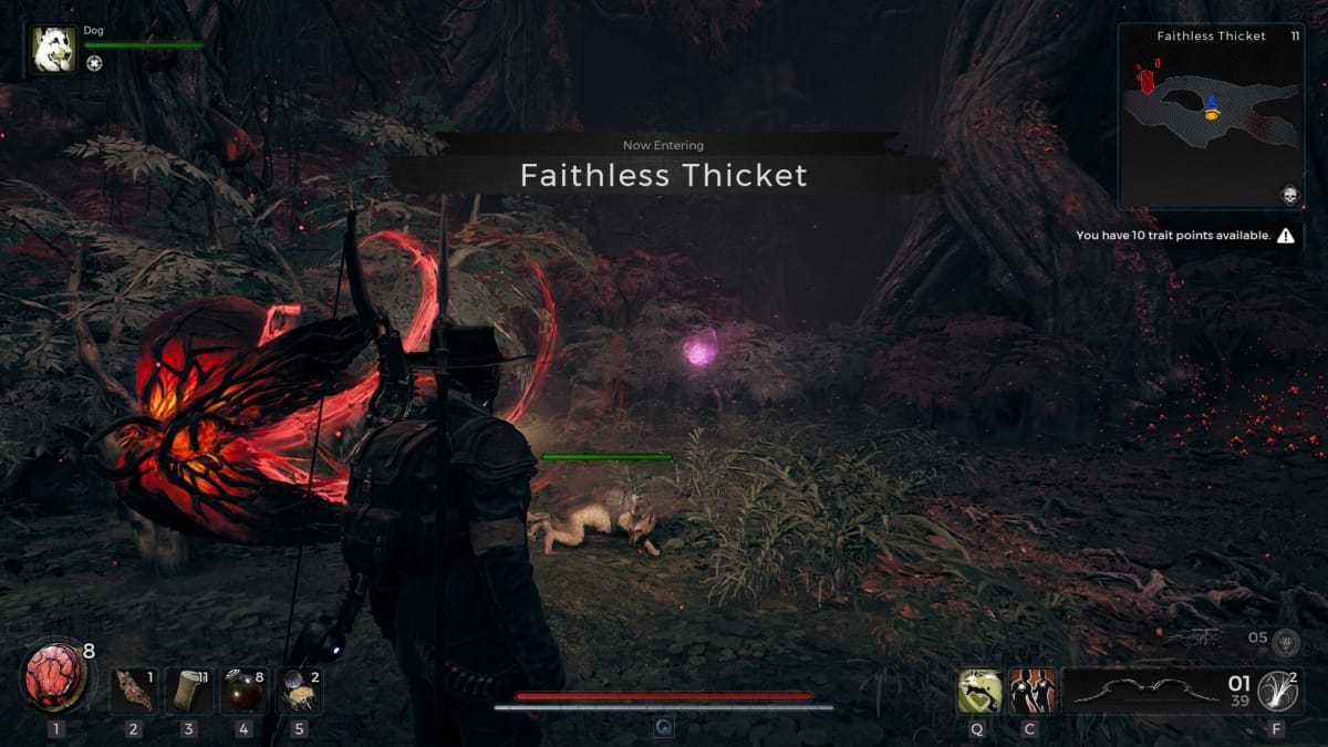 Entering the Faithless Thicket area, the player sees a Blood Moon Spirit.