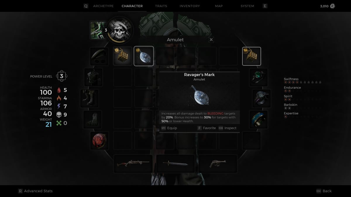 Screenshot of the Ravager's Mark amulet, offering increased damage.