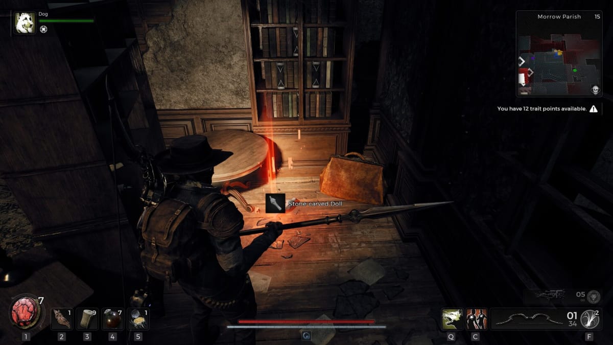 Player looking at a Stone-carved Doll lying inside a room.