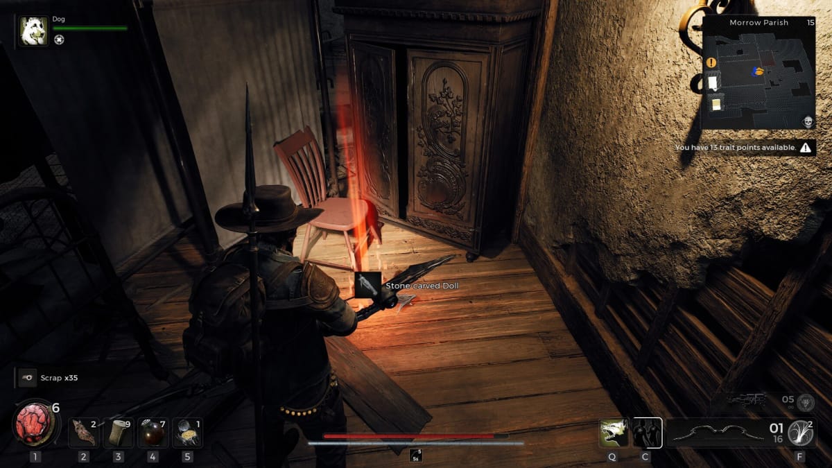 Player looking at a Stone-carved doll lying on the floor by a cupboard.