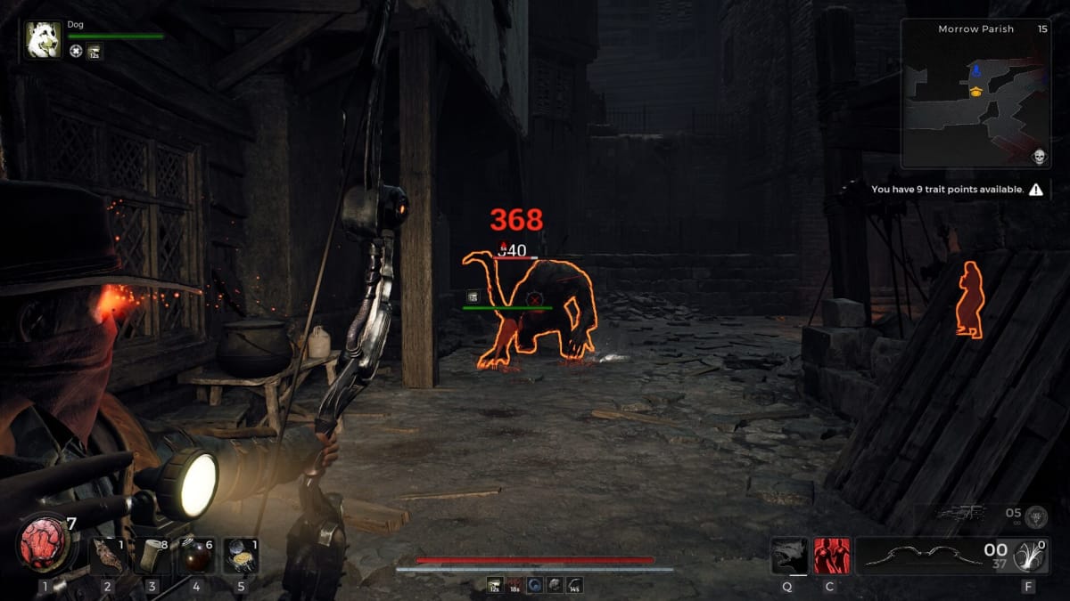 The player firing their bow at a highlighted giant rat creature.