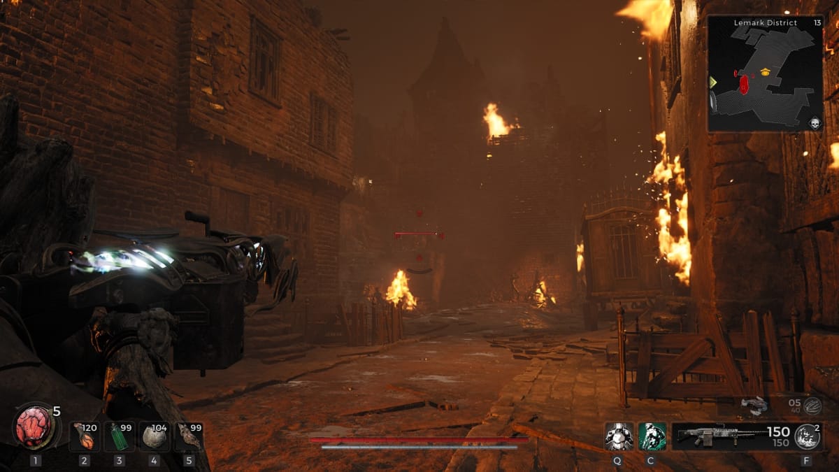 Remnant 2 screenshot depicting a cobbled street on fire with various ashen statues of dead inhabitants while a man points a gun at some still alive ones