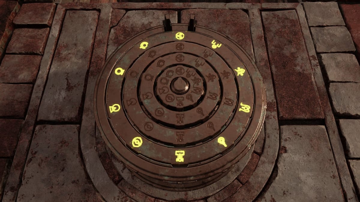Remnant 2 screenshot of a dial coveredin glowing symbols set amongst some blood-stained stones