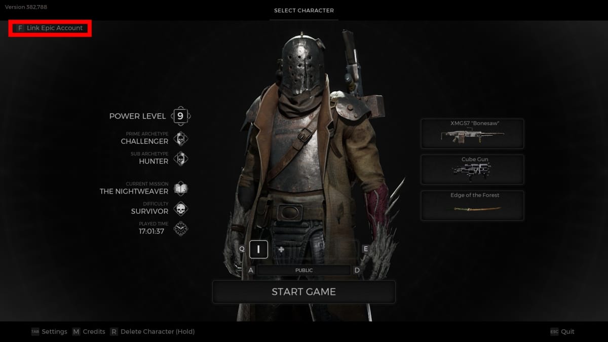 Remnant 2 Screenshot of main save menu showing a man in post apocalyptic garb with heavy weapons and armor with a red box around a link in the top left corner of the image