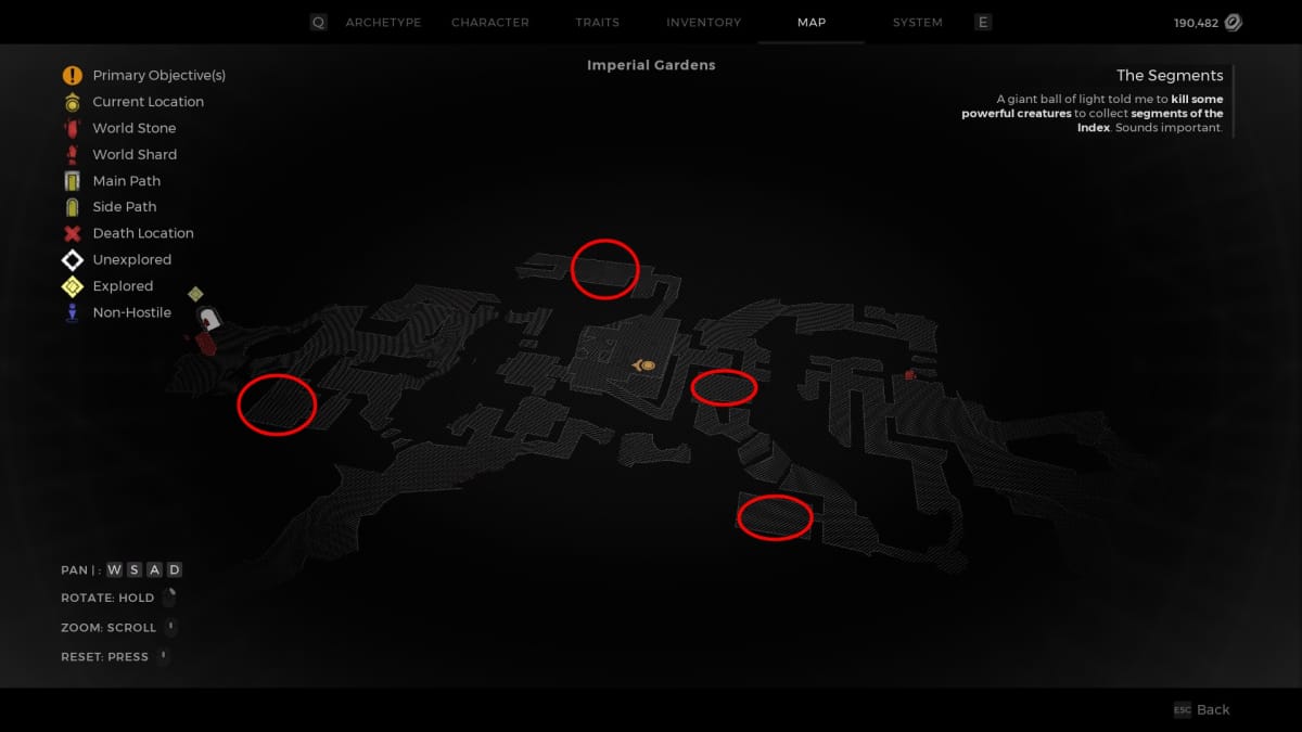 Remnant 2 screenshot of the map of imperial gardens with four red rings on specific rooms