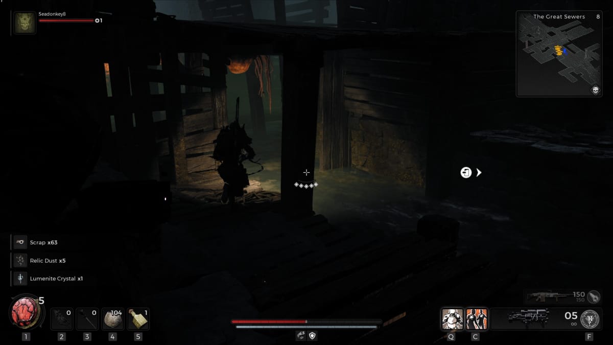 Remnant 2 screenshot showing a character in the distance wandering around a victorian-era sewer